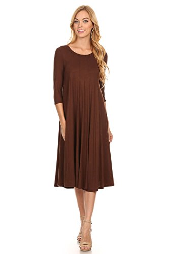Women's Loose 3/4 Sleeve Midi Shift Below Knee Trapeze Dress Made in USA (Medium, Brown)