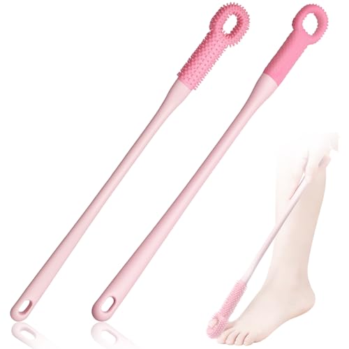 Dexspoeny 2 Pack Toe Scrubber Brush Long Handle Soft Rubber Toe Cleaner for Deep Cleaning Exfoliation Foot Brush for Seniors Pregnant Women and Limited Mobility No Bend to Use in Shower (Pink)