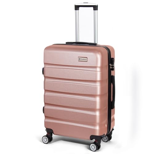 Todeco Valise Moyenne Taille 68cm, Valise de Voyage Rigide et Légère en ABS+PC, Bagage à roulettes avec 4 Doubles Roues Pivotantes 360°, 67x44x25cm, 58-66L, Or Rose