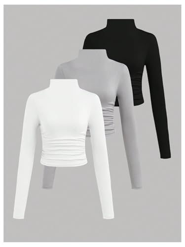COZYEASE Girl's 3 Packs High Neck T Shirt Long Sleeve Ruched Crop Tops Casual Slim Fit Basic Tees2