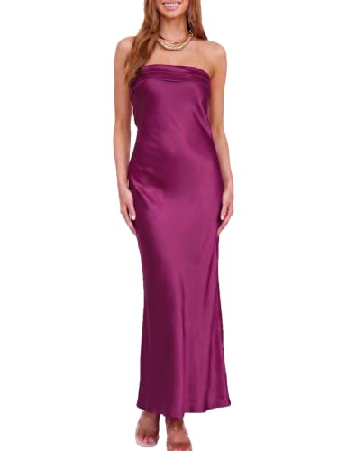 Image of Realtix Summer Satin Strapless Backless Maxi Dress for Women Wedding Guest