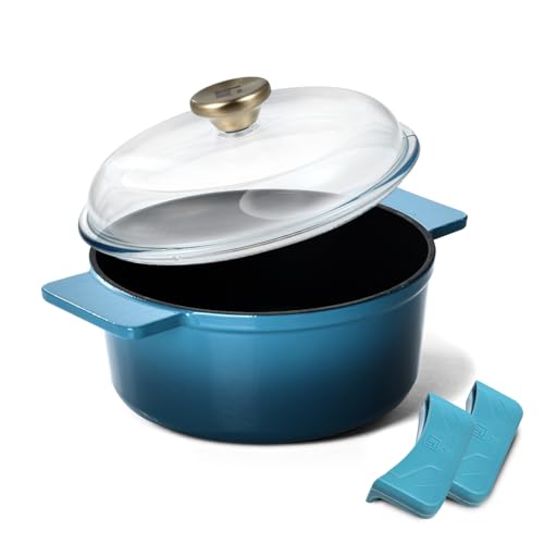 Image of Bergner Excalibur Lightweight Cast Iron Dutch Oven /Biryani Pot /Casserole with Glass Lid, 16cm (1.2L), Non-Stick Coating, PFAS Free, Elegant Design, Silicone Grips, Induction and Gas Stove Ready (Blue)