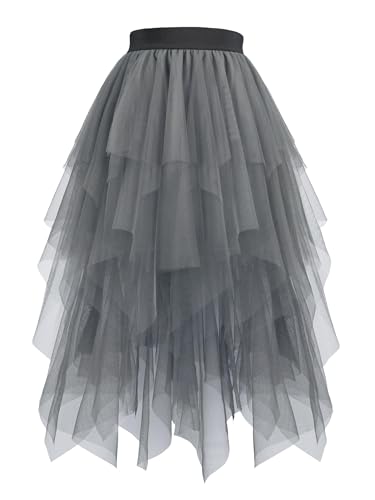 Hanpceirs Damen Tüll Röcke High Low Layered Puffy Fee Röcke A-Linie Midi Rock Unregelmäßiger Tutu Rock Grau L