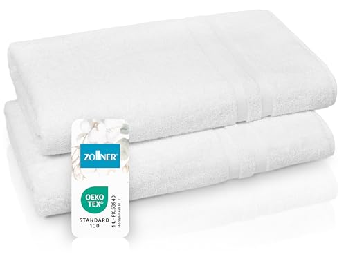 ZOLLNER 2er Set Saunatücher in 70x180 cm - Flauschige Handtücher aus Baumwolle - mit moderner Streifenbordüre - waschbar bis 95°C - mit praktischem Aufhänger - in weiß - Hotelqualität