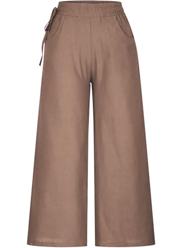 Image of KOTTY Women's Crumble Fabric High Waist Solid Color Drawstring Wide Leg Trousers Loose with Pockets
