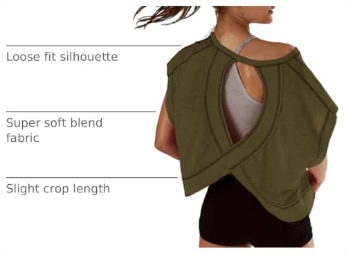 Kumufenc Womens Oversized Tshirts Open Back Batwing Sleeve Gym Shirts Boat Neck Slouchy Tees Workout Athletic Top(Olive,L) by Kumufenc - Used condition - US$17.66