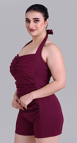 Image of Keepfit Women One Piece Sleeveless Halter Neck Ruched Swim Legsuit |Swimming Suit for Women