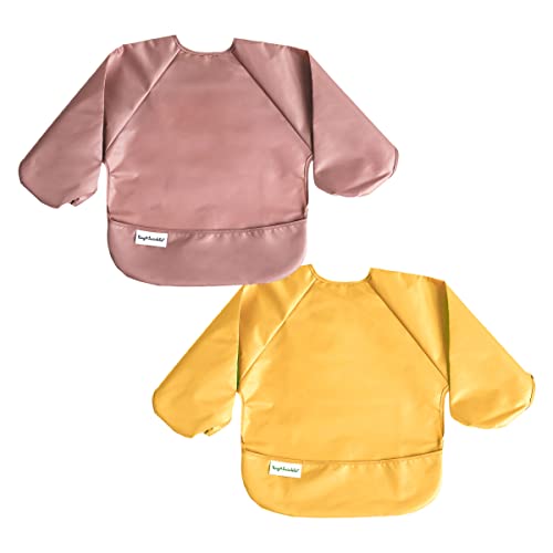 Image of Tiny Twinkle Mess Proof Baby Bibs, 2pk Waterproof Smock Baby Bibs for Eating, Machine Washable Long Sleeve Bibs, Baby Led Weaning, Toddler Bibs, BLW Supplies (Taupe Dandelion, Large 2-4 Years)