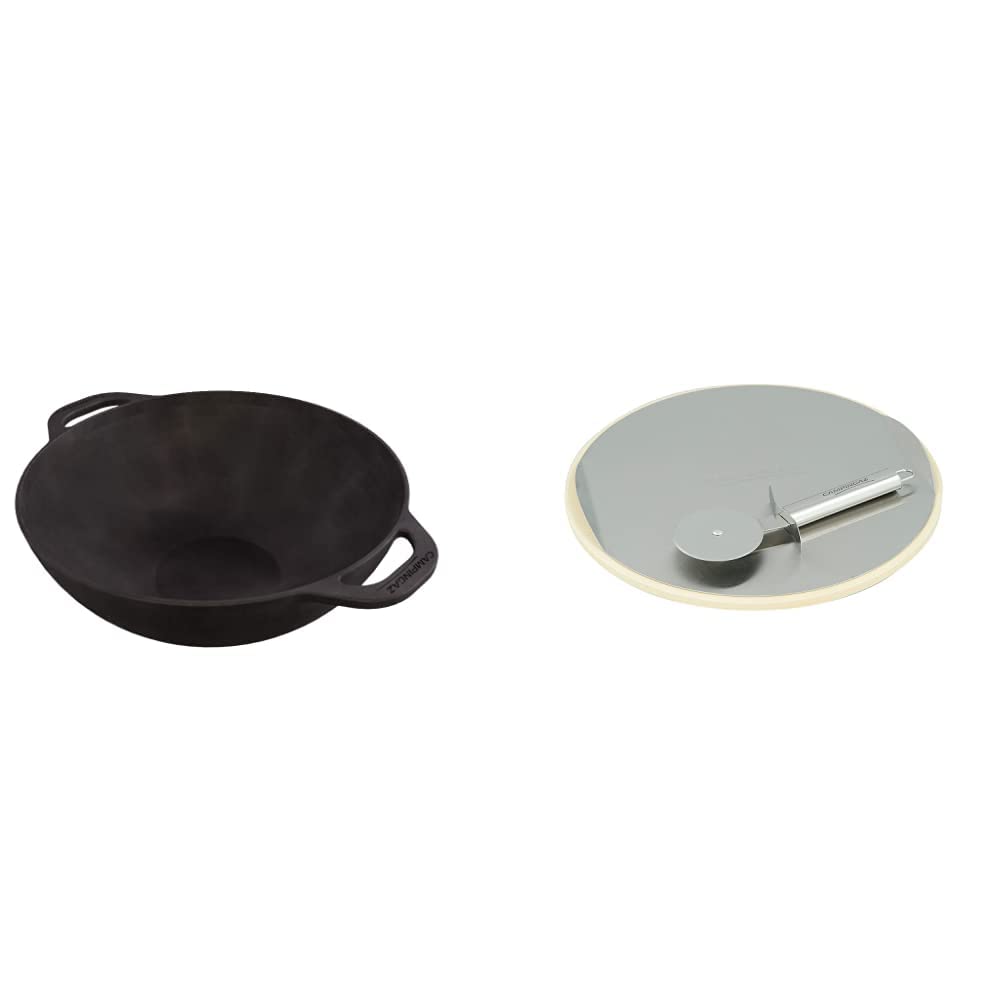 Campingaz Mandarin Wok per Griglie a Gas con Culinary Modular System, Padella Wok in ghisa, con Rivestimento Antiaderente e Manici & Culinary Modular Pietra Rotella Taglia Pizza, Argento