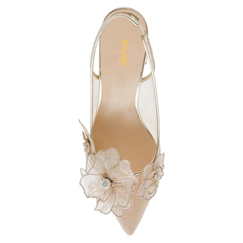 XYD Women Pointed Closed Toe Flowers Pumps Translucent Mesh Block High Heel Slingbacks Bridal Crystal Shoes4