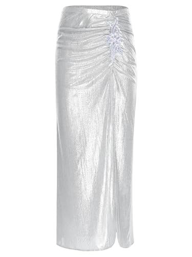Elastic Waist Shimmering Maxi Skirt for Womens Sequined Embroidery Side Ruched Slit Poolside3