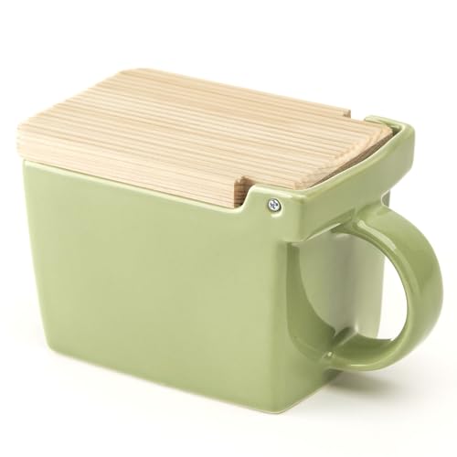 ZERO JAPAN Salt Cellar with Hinoki Lid (BEE HOUSE), Japanese Ceramic Salt Box for Sea Salt, Kosher Salt & Spices, One-Handed Flip Lid, Made in Mino, Japan, 16 oz - Artichoke Green