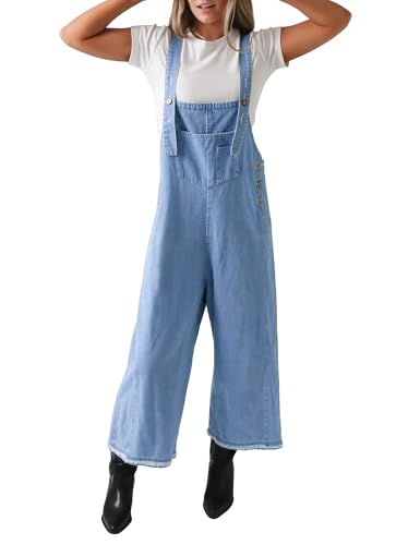 Denim Overalls for Women Jean Bib Wide Leg Raw Hem Button Adjusta...