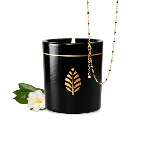 Les Merveilleuses | Bougie Bijou | Parfum Fleur de Thé | Céramique Noir | Collier Perles Noires Plaqué Or 18 Carats | Cire de Colza 100% Naturelle | Cadeau...