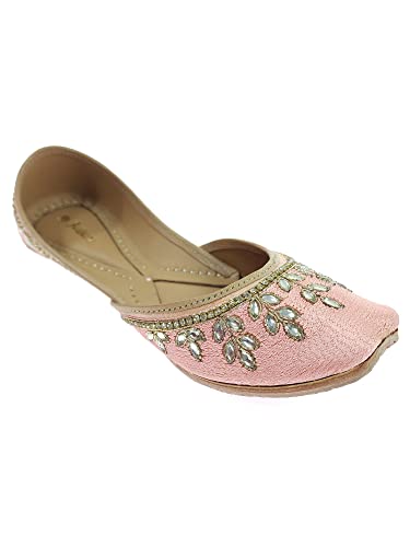 Image of Fulkari Women's Dolli Gold Genuine Soft Leather Embroidered Jutis | Bite and Pinch Free Jutti | Punjabi Formal Juttis | Girl's Wedding Flat Ladies Mojari | Formal Ethnic Juti |