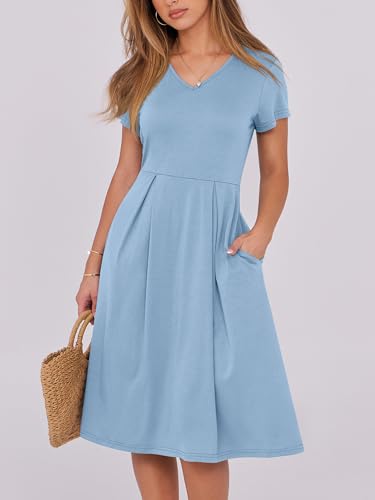 Image of ANRABESS Women Summer Dress Casual Short Sleeve V Neck A-Line Knee Length Pleated Flowy 2026 Fashion Midi Dresses with Pocket