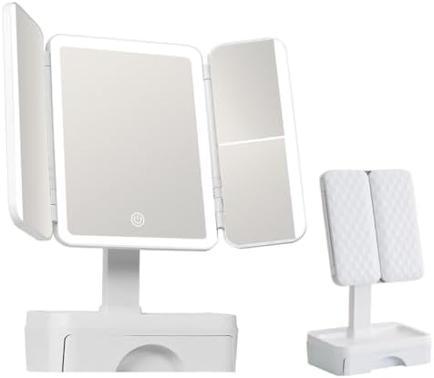 Tri Fold Lighted Makeup Mirror with Storage & 3X Magnification, S...