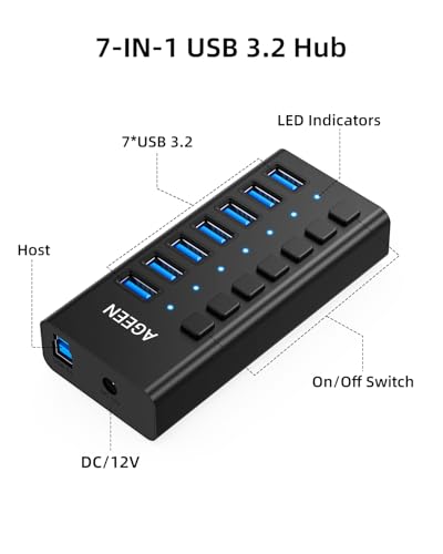 Image of AGEEN 7-Port USB 3.2 Gen 2 Hub, 10Gbps High-Speed Aluminum Powered Hub with 24W Adapter, Individual Switches & Surge Protection for PC /Laptop, Flash Drive, Printer, Camera