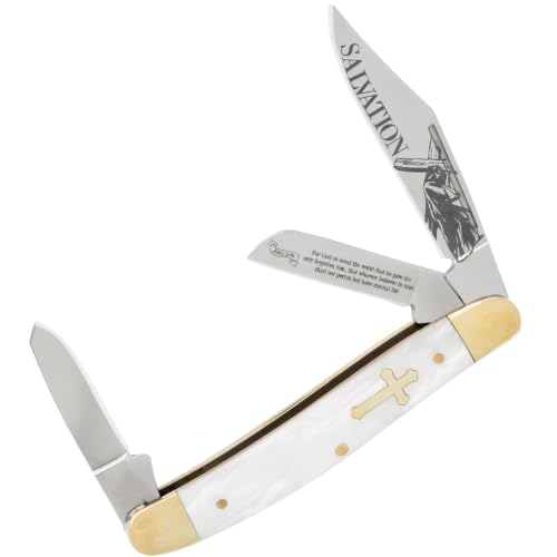 BUDK Salvation Stockman Pocket Knife | 3 Stainless Steel Blades | John 3:16 Blade Etching | Jesus Carrying Cross Engraving | Polished Pearl Handle | Nickel Silver Bolsters | 4 Inch Closed