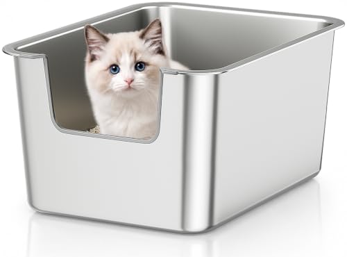 Katzenklo Edelstahl mit hohem Rand, Metall Katzenklo mit niedrigem Einstieg