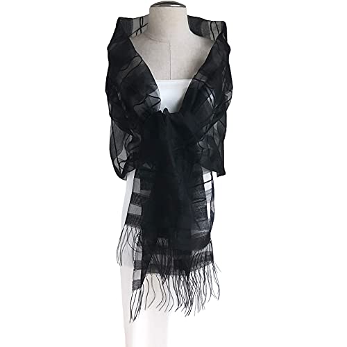 Silk Organza and Wool Woven Shawl 78" L x28 W, Black4