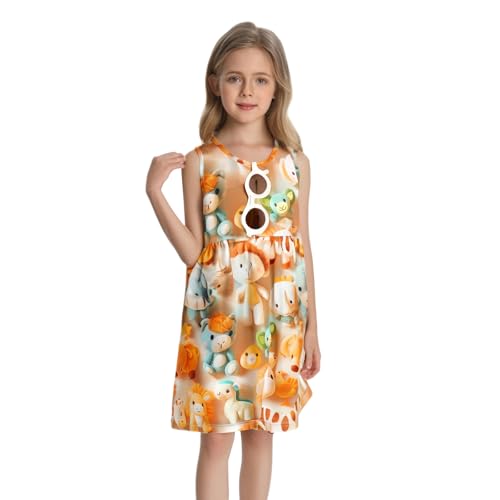 RONGTAI Girls' 3D Raised Print Rayon Dress Sleeveless Long Tiered Back Neck Button Down-Cartoon Theme Colorful3