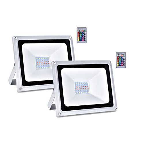 LQ-MAOZI Luces de inundación RGB de 30 W, 4 Modos de Cambio dinámico, se Pueden configurar Reflector LED de 16 Colores Diferentes con Control Remoto, para Patio, jardín, Garaje,2PCS Cover