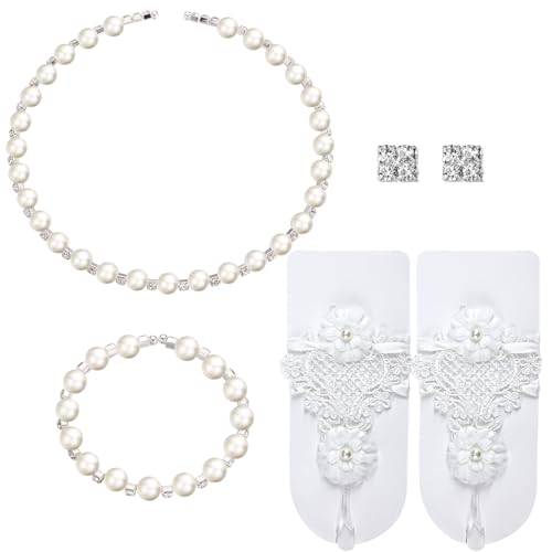 Newcotte 4 Pcs Pearl Necklace Sets for Little Girls Toddler Girls Jewelry Communion Glove for Christmas Tea Party Wedding