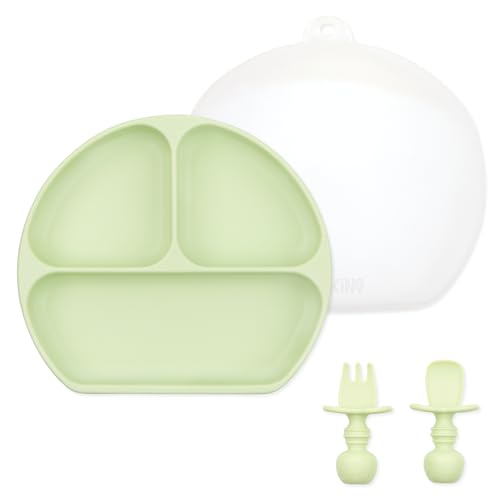 Bumkins Silicone Grip Dish 3-Section, Silicone Training Chewtensils & Lid, Green