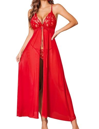 Image of SSoShHub Women Lingerie Lace Babydoll Dress Open Front Sleepwear Long Sheer Nightgowns V Neck Nightwear for Wife, Women Wedding Valentine Special Night Occasion Festival