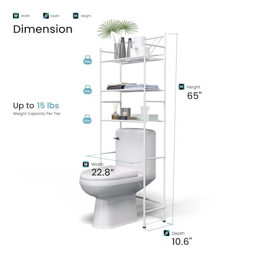 Image of Home Zone Living Over-the-Toilet Bathroom Storage Cabinet Organizer | Freestanding Steel Frame Design with 3-Tier Shelves and Adjustable Feet, White