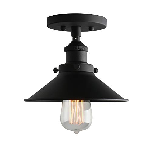 Image of Phansthy Industrial Semi Flush Mount Ceiling Light, 1-Light Pendant Light with 8.1 inch Metal Shade, Vintage Hanging Lamp for Bedroom Kitchen Living Room Dining Room (Cone Metal Shade -Black)