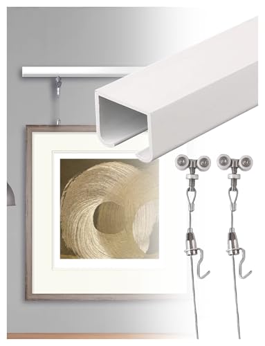 Image of Picture Rail Art Hanging Kit,Picture Rail Hooks & Installation Hardware,Ceiling Mount Photo Display Rail Track with 150cm Long Steel Cords(Milk,190cm /74.8in)