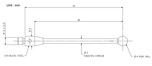 Image of Cmm Probe Stylus Tungsten Carbide Stem M3 Thread Shank 4mm Diameter Ruby Ball Tips 40mm Length A-5003-0060