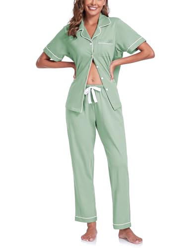 Image of COLORFULLEAF Women's 100% Cotton Pajamas Set Button Down Sleepwear Short Sleeve Shirt and Long Pants Soft Ladies Lounge Sets