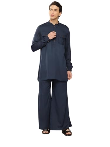 Image of See Designs Men's Long Sleeve Curved Hem Mandarin Collar Rayon Solid Pathani Sets