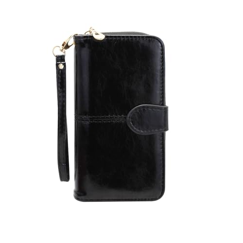 Women Wallet, Leather Large Capacity Card Wallet with Snap and Zipper Long Clutch Wallet for Travelling Shopping (Black)