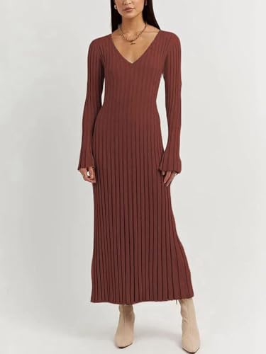 Image of Women's Long Knit Crewneck Sweater Dress Tie Waist A-Line Swing Pleated Bodycon