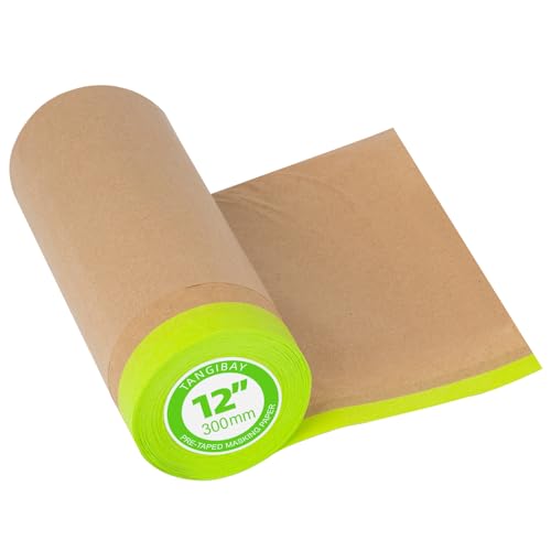 Tangibay Pre-Taped Masking Paper for Painting - 12 inch x 50 feet Tape and Drape Painters Paper, Paint Adhesive Protective Paper Roll for Covering Skirting, Frames, Cars and Auto Body (1 Roll)