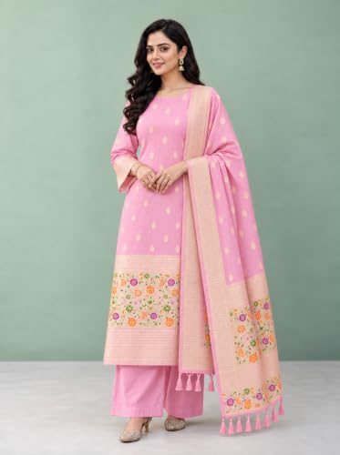 Image of SHANTVAN GALLERY Pure Zari Banarasi Silk Suit Dress Material for Woman Premium Banarasi Dress Materials for Women Unstitched Soft Silk Top Bottom Dupatta Mor Jal Design