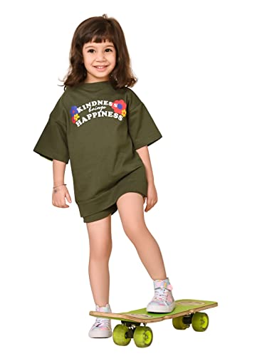 Image of LILPICKS Girls Text Printed Oversized Tee with Shorts Set (Green)
