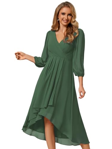 Image of Ever-Pretty Women's Chiffon V Neck Long Sleeves A-Line Midi Length Wedding Guest Dress Cocktail Party Formal Dresses 01926