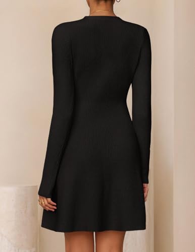 ZESICA Women's Fall Long Sleeve Sweater Dress 2025 Casual V Neck Button Ribbed Knit A Line Swing Mini Dresses3