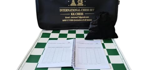 Image of Premium Tournament Vinyl Roll-Up Chess Set, 20x20 Inch, Green | Tournament-Quality Chess Board, Includes Bag, Extra Queen, Notation Book & Piece Storage, Foldable & Portable, Heavy Pieces