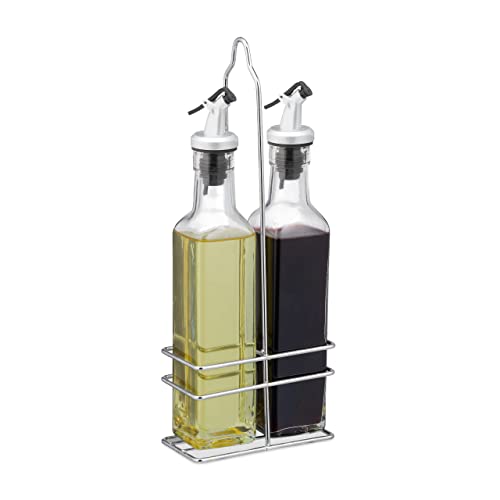 Relaxdays Essig und Öl Spender, mit Ausgießer, 2 in 1 für Küche, Ölflaschen mit Ständer, Glas, 2 x 250 ml, transparent, 29 x 11 x 6 cm
