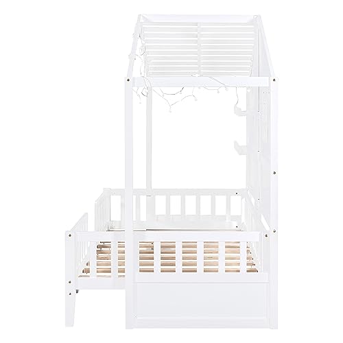 Merax Twin Size House Bed with Shelves, House Bed with Window and Sparkling Light Strip on The Roof, White