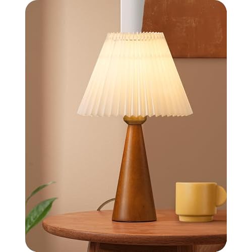 EDISHINE 13.58" Small Table Lamp, Wooden Base Nightstand Lamp, White Pleated Lampshade, Space-Saving Modern Bedside Lamp for Nursery Kids Room Bedroom Living Room, E26, ON-Off Button, Dark R