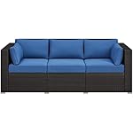 Yaheetech 3-Seat Patio Wicker Sofa, Outdoor Rattan Couch with Furniture Cover, Deep Seat High Back with Cushions & Throw Pillows for Deck/Porch/Balcony/Yard, Brown/Dark Blue