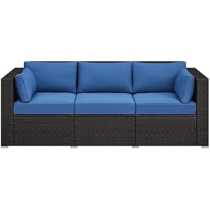 Yaheetech 3-Seat Patio Wicker Sofa, Outdoor Rattan Couch with Furniture Cover, Deep Seat High Back with Cushions & Throw Pillows for Deck/Porch/Balcony/Yard, Brown/Dark Blue