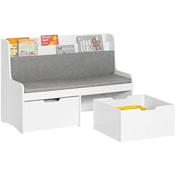 Cajones Para Juguetes Con Ruedas SoBuy KMB66-W Estantería con cojín de Asiento Banco Almacenamiento Infantil con 2 cajones con Ruedas 100 x 45 x 70 cm Blanco ES